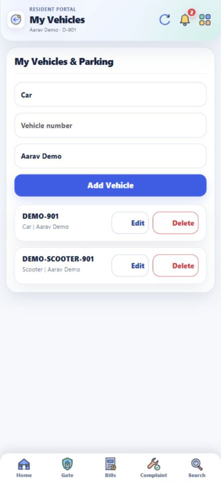 Register a vehicle and check parking details app screenshot, fictional demo data